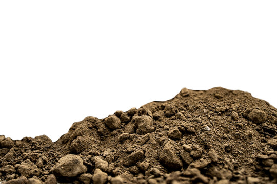 Pile of dry soil and small rocks isolated on Transparent Background , close-up texture with copy space, earthy dirt mound for gardening, construction, or agriculture concepts.