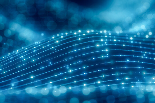 3D network light wave with blue glowing node paths
