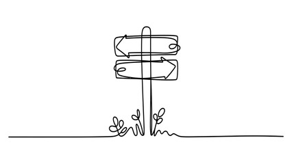 Continuous line drawing of a wooden signpost with two arrows pointing in opposite directions, minimalist design isolated on white background © Dipa Roy