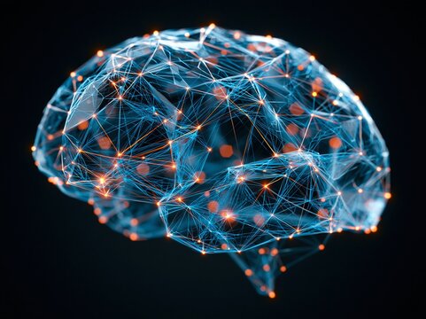 Connection and network of neurons in the brain with glowing points and lines in a dark setting