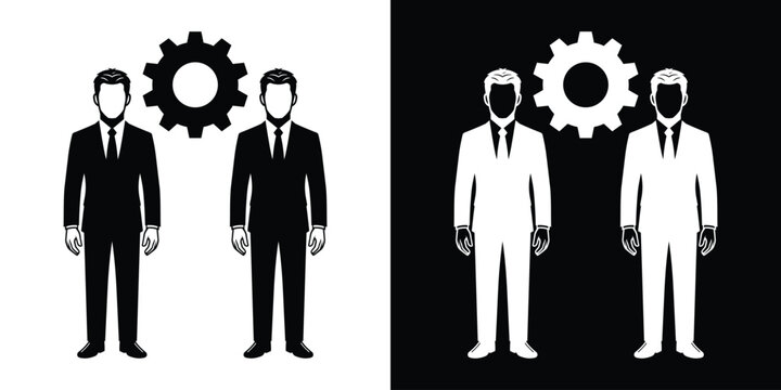 Business partnership and collaboration vector icon. Two businessmen silhouettes standing next to a gear mechanism. Symbolizes corporate team work, alignment, operation management, and processing.