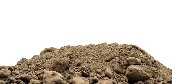 Pile of dry soil and rocks On Transparent Background, isolated terrain mound with textured dirt and stones, earthy natural material, construction or landscape concept.