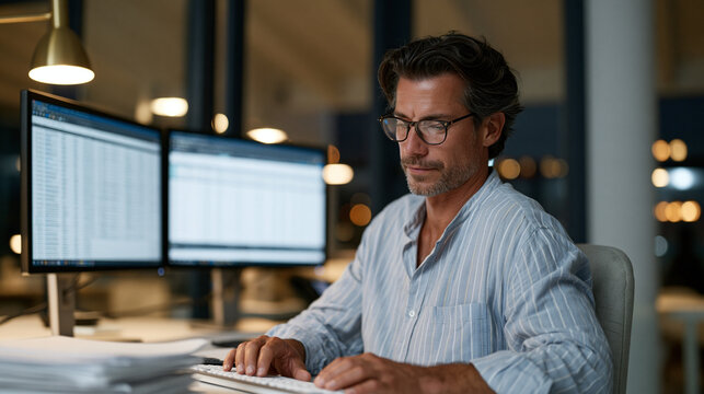Pharmacy benefit management analyst reviewing formulary tier spreadsheet on dual monitors inside corporate insurance office, prior authorization denial appeal documents stacked beside keyboard, spec