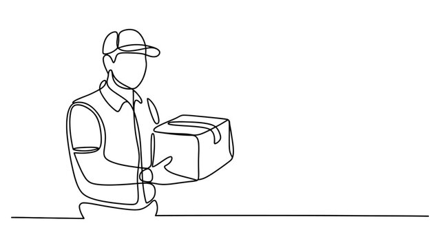 Continuous one line drawing of a delivery man holding a cardboard box courier service concept vector illustration isolated on white background