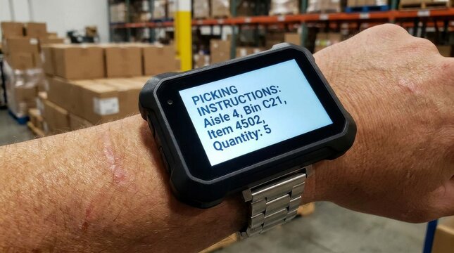 Warehouse worker using a wearable device for order picking instructions.