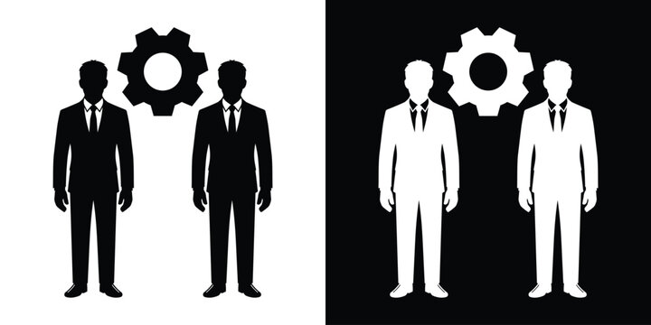 Business partnership and collaboration vector icon. Two businessmen silhouettes standing next to a gear mechanism. Symbolizes corporate team work, alignment, operation management, and processing.