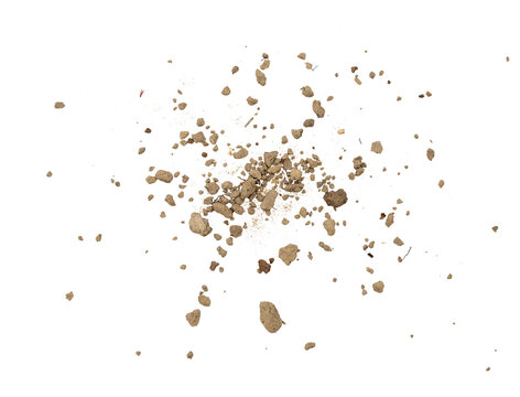 Scattered brown dirt clumps and small pebbles isolated On Transparent Background, central pile with dispersed fragments