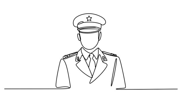 Continuous line drawing of a military officer in uniform with a peaked cap