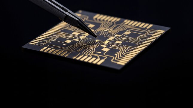 quantum technology close-up, close-up of a quantum chip with gold traces and a robot tweezer placing an atom