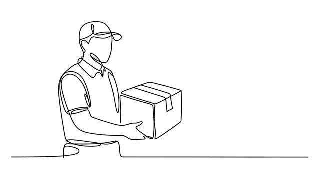 Continuous one line drawing of a delivery man holding a cardboard box package delivery service concept vector illustration isolated on white background