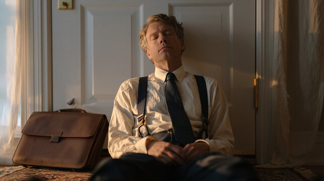 Man freshly arrived home from work dropping to the entryway floor with his back against the front door, briefcase beside him, eyes closed and head tipped back, civilian decompression ritual after a 