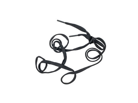 Black shoelace loosely coiled and knotted on transparent background, isolated product shot, textured woven fabric and eaglets visible
