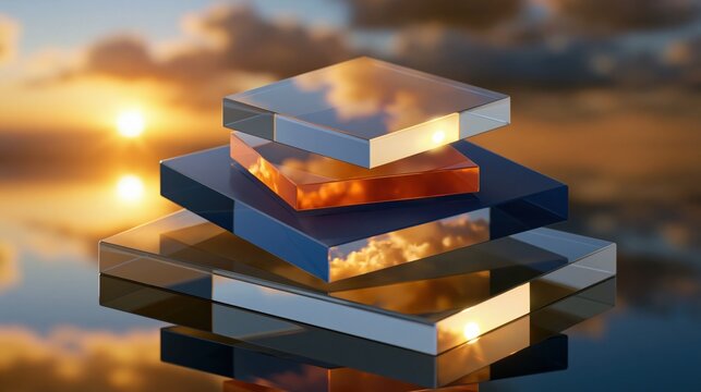 Reflections of the Sky: Transparent geometric blocks are stacked, each reflecting a vibrant sunset sky with golden clouds, creating a visual symphony of light and form.