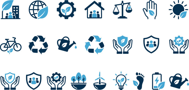 Environmental Sustainability and Green Energy Icon Set Featuring ESG Corporate Governance Ecology Conservation Recycling Windmill and Carbon Footprint Graphics