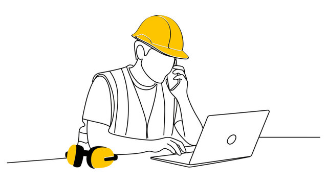 Continuous line drawing of a construction worker wearing a hard hat and safety vest, talking on a phone while working on a laptop at a desk