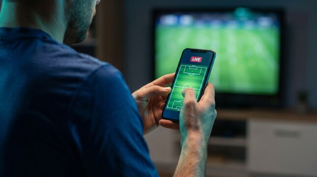 Man Using Smartphone App to Track Live Football Match in Living Room