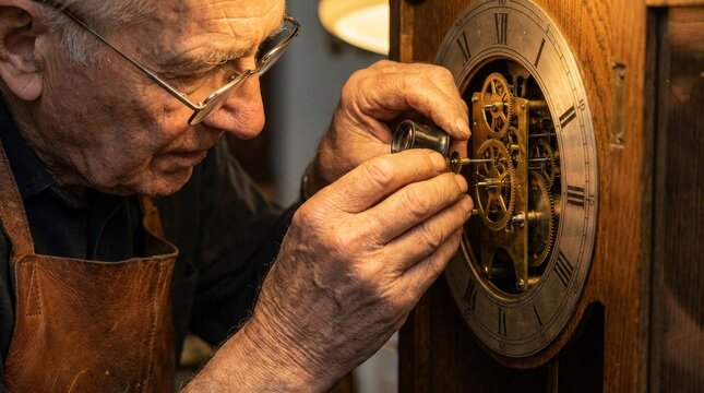 Elderly clockmaker meticulously repairing an antique wooden clock mechanism in his workshop.