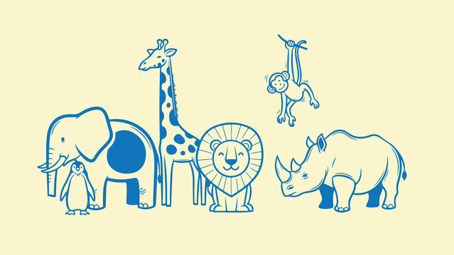 Set of cute wild animals for children education graphic in blue outline style vector design.