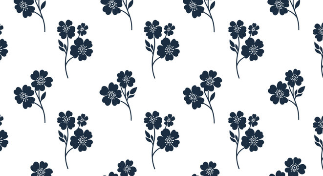 Seamless navy blue floral pattern on white background for fabric and wallpaper