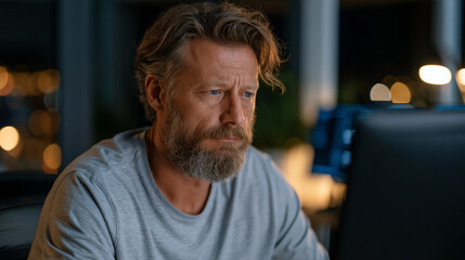 Obraz premium Dark web monitoring analyst in dimly lit enterprise intelligence hub observes breach data marketplace activity on isolated workstation, data breach notification workflow, threat intelligence gatheri