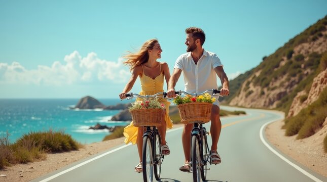 Happy couple riding bicycles along seaside path on sunny day. Summer vacation lifestyle with smiling man and woman enjoying freedom, nature and active leisure outdoors with scenic coastal view	