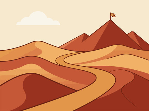 Minimalist Flat Design Illustration of a Winding Path through Sand Dunes to a Mountain Peak with a Flag, Symbolizing Business Success, Goal Achievement, and Ambition