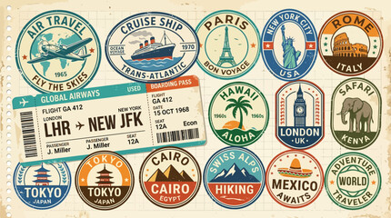 Collection of vintage travel stickers and airplane ticket. © Bear