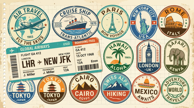 Collection of vintage travel stickers and airplane ticket.