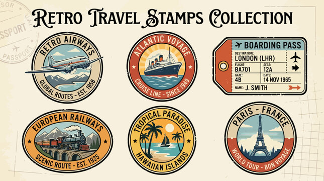 Retro Travel Stamps Collection Featuring Vintage Transportation and Destinations.
