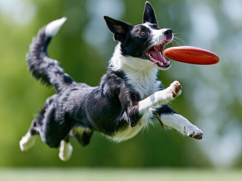 Dog jumps to catch a frisbee in a field during daytime playtime with its owner nearby