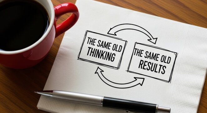 Business Concept of Same Old Thinking Leading to Same Old Results on a Napkin with Coffee and Pen