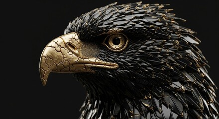 Fototapeta premium Black and Gold Eagle Head 3D Render Close Up on Dark Background for Design and Branding