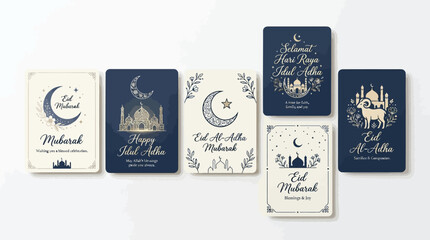 Collection of Eid Mubarak and Eid al-Adha greeting cards with Islamic motifs and calligraphy. © Terra