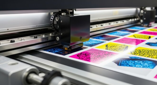 Industrial Digital UV Flatbed Printer Machine Printing Colorful Patterns on Paper in a Professional Print Shop