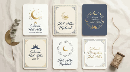 Collection of Eid Mubarak and Eid al-Adha greeting cards with Islamic motifs and calligraphy. © Terra