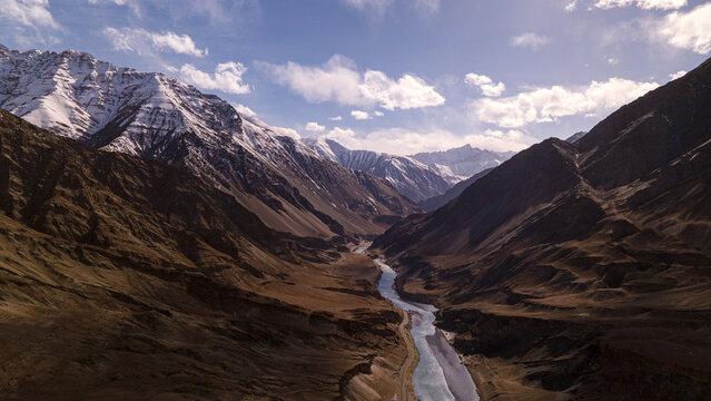 Aerial View of Himalayan River Valley in Leh Ladakh India.Indus and Zanskar