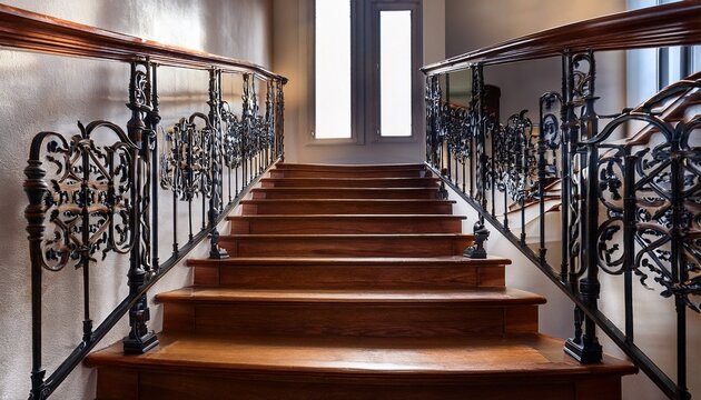 staircase with cast iron balusters and wooden steps