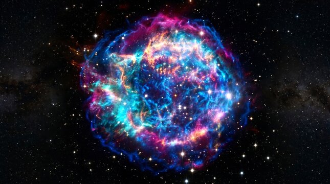 Vibrant supernova explosion radiating glowing neon blue and magenta light across the vast dark cosmic void filled with sparkling stars and galactic dust
