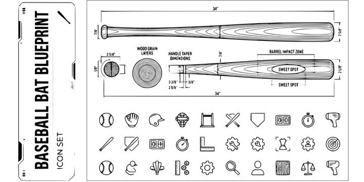 Baseball Bat Blueprint Black White-Wood Grain Handle Taper Barrel Zone-Equipment Vector-Bat Icon Blueprint-Baseball Design Set