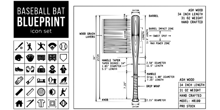 Baseball Bat Blueprint Black White-Wood Grain Handle Taper Barrel Zone-Equipment Vector-Bat Icon Blueprint-Baseball Design Set
