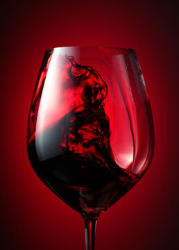 Wine glass with red liquid frozen in movement.
