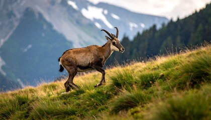 Fototapeta premium Mountain Goat on Alpine Hillside Landscape.