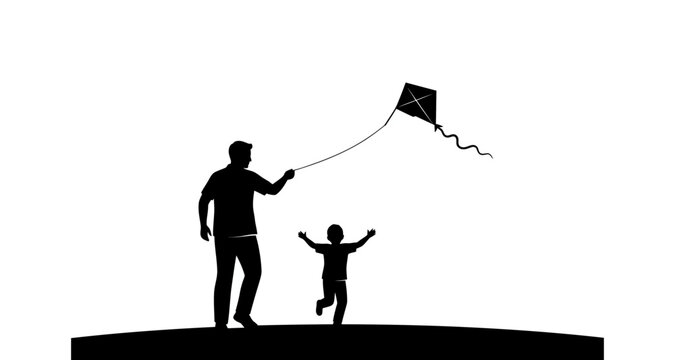 Father and son flying a kite silhouette on transparent background