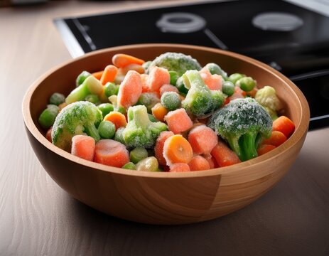 frozen vegetables in a bowl ready for cooking in a kitchen during lunchtime