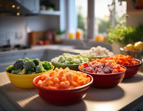 colorful bowls of frozen vegetables ready for cooking at home kitchen on a weekday evening