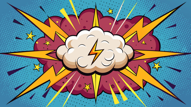 Surprising boom cloud with stars and lightnings in halftone background for sales and promotions. Banner template for surprises and bursting events. Vector illustration in pop art style .vector