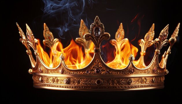 a golden crown with flames on fire isolated on black background