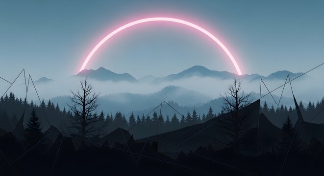 Neon pink circle glowing over a misty forest. Cyberpunk nature and futuristic concept. Luminous ring rising like a sun behind dark mountains and foggy pine woods at night