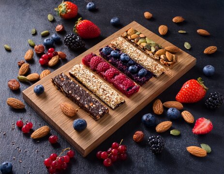 assorted nut and fruit bars garnished with fresh berries almonds and seeds on a dark textured surface creating a visually appealing and nutritious snack layout