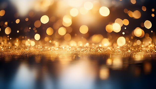 an enchanting bokeh background with golden orbs of light floating over a reflective water surface exuding warmth and elegance